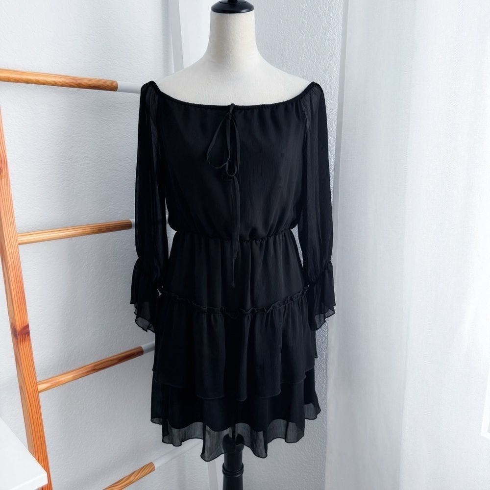 Alice + Olivia Off The Shoulder Ruffle Mini Dress Black Chiffon Tie